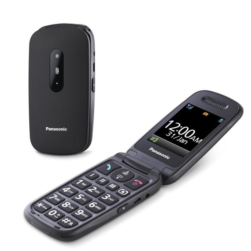 Telefon mobil pentru seniori Panasonic KX-TU446EXB 2G, Negru - Buton SOS, Rezistent la șocuri, Amplificator sunet, Taste mari, Ecran color de 2,4 inchi, Tip clapetă