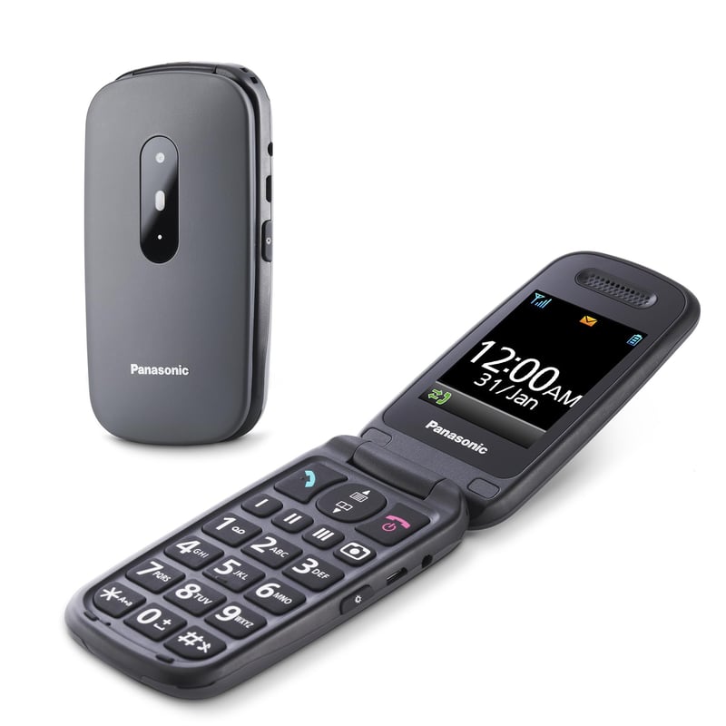 Mobilný telefón pre seniorov Panasonic KX-TU446EXG 2G bez viazanosti, SOS tlačidlo, nárazuvzdorný, zosilňovač zvuku, veľké tlačidlá, 2,4-palcový displej, véčkový