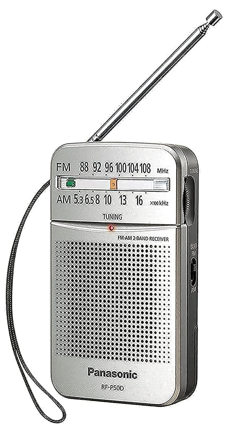 Prenosné vreckové rádio Panasonic RF-P50DEG-S, napájanie na batérie, 3,5 mm audio výstup, strieborná farba