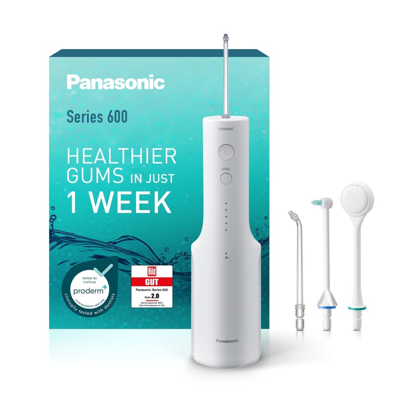 Duș bucal ultrasonic Panasonic Seria 600 EW-DJ67-W303, 200 ml, IPX7, 5 niveluri de presiune, 2 duze ultrasonice, capăt ortodontic și pentru curățarea limbii, Alb