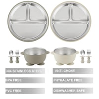 Set de hrănire pentru bebeluși PandaEar din 8 piese, din oțel inoxidabil și silicon, cu farfurii și boluri cu ventuză, lingură și furculiță, fără BPA, culori bej și nuc 3