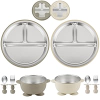 Set de hrănire pentru bebeluși PandaEar din 8 piese, din oțel inoxidabil și silicon, cu farfurii și boluri cu ventuză, lingură și furculiță, fără BPA, culori bej și nuc 1