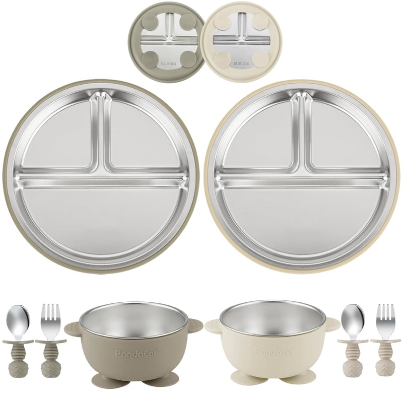 Set de hrănire pentru bebeluși PandaEar din 8 piese, din oțel inoxidabil și silicon, cu farfurii și boluri cu ventuză, lingură și furculiță, fără BPA, culori bej și nuc