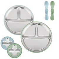 Set farfurii cu ventuză pentru bebeluși din oțel inoxidabil PandaEar – 2 farfurii compartimentate cu ventuză și 2 lingurițe, fără BPA, albastru-verde 1