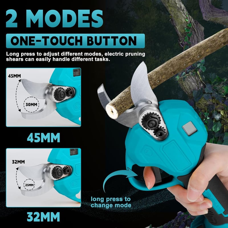 Panthem Akkumulátoros Metszőolló 45mm Makita 18V Kompatibilis Kefe Nélküli Motor LCD Kijelző Gyümölcsfa Metszés Türkiz
