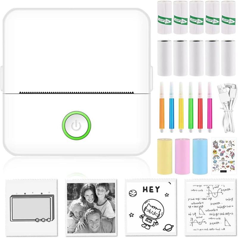 Panthem Mini Bluetooth Hőpapíros Nyomtató Okostelefonhoz - Hordozható Fotó és Címke Nyomtató 13 Papírtekerccsel, Színes Ceruzákkal, iOS/Andr