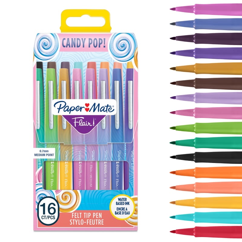 Sada fixiek Paper Mate Flair Candy Pop, stredný hrot (0,7 mm), rôzne farby, balenie 16 ks, na scrapbooking a kreslenie
