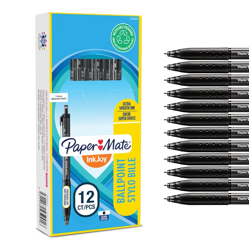 Guľôčkové pero Paper Mate InkJoy 300 RT, stredný hrot 1,0 mm, čierne, vysúvacie, balenie 12 ks