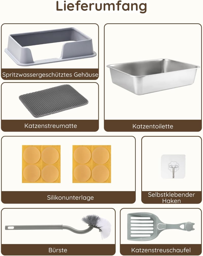Papettly Rozsdamentes Acél Macskatoalett - Félig Zárt Alomtálca Alátéttel, Könnyen Tisztítható, 50x35x20 cm, Kis és Közepes Macskáknak