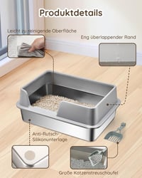Papettly Rozsdamentes Acél Macskatoalett - Félig Zárt Alomtálca Alátéttel, Könnyen Tisztítható, 50x35x20 cm, Kis és Közepes Macskáknak 5