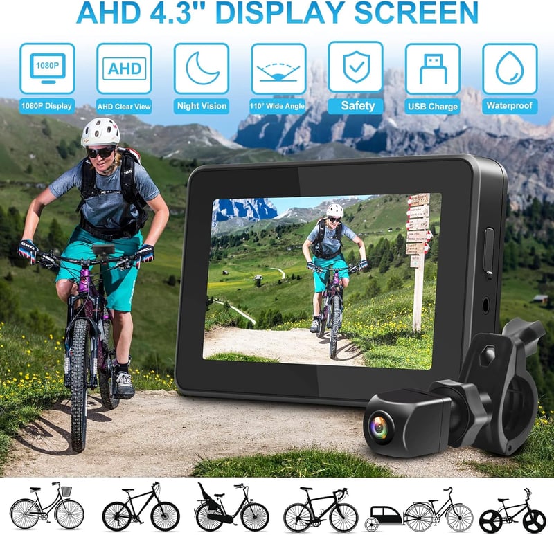 PARKVISION Kerékpár Visszapillantó Kamera 4.3" AHD 1080P LCD Monitorral - 360° Forgatható Tükör Éjjellátóval Országúti és Hegyi Biciklikhez
