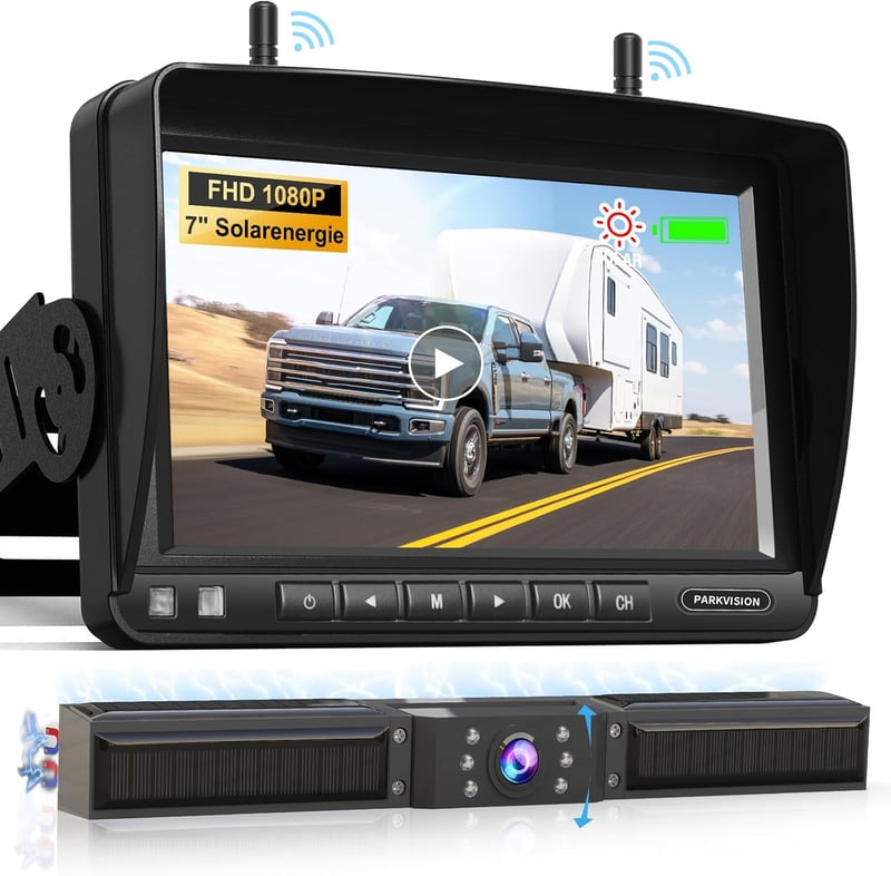 PARKVISION Napelemes Vezeték Nélküli Tolatókamera 1080P, 7 Hüvelykes Monitor, 10000 mAh Akkumulátor