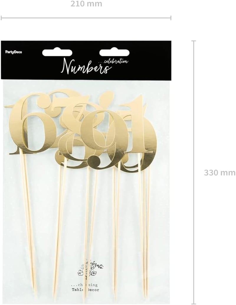 PartyDeco Asztalszámok 26 cm 11 db Arany Tortadísz Esküvő Születésnap - Gold, Gold
