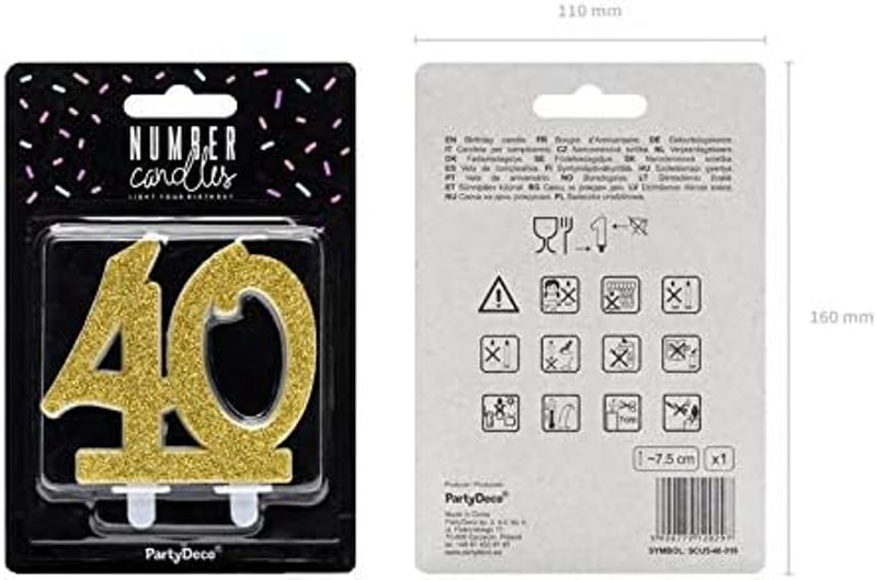 PartyDeco Születésnapi Gyertya Glitter Arany 40-es Szám 10 cm