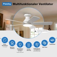 Ventilator de tavan Passky 107 cm cu iluminare, telecomandă, motor DC silențios, 6 viteze, LED reglabil, 3 temperaturi de culoare, alb 2