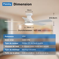 Ventilator de tavan Passky 107 cm cu iluminare, telecomandă, motor DC silențios, 6 viteze, LED reglabil, 3 temperaturi de culoare, alb 8