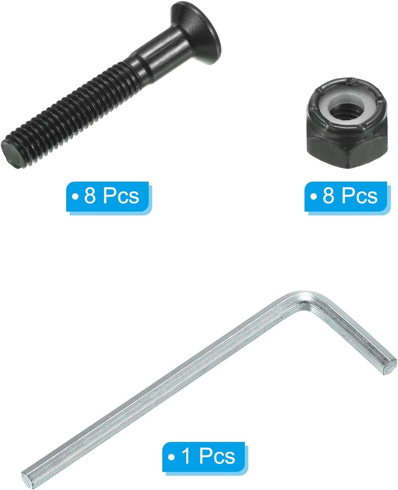 PATIKIL Gördeszka Rögzítő Készlet - Fém Csavarok, Anyák és Csavarkulcs Longboard és Cruiser Deszkákhoz - 30mm Fekete