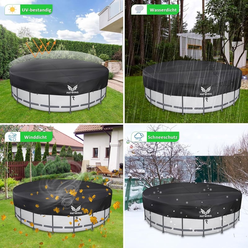 PATWING Időjárásálló Medencetakaró 280 cm Átmérőjű - UV-Ellenálló Oxford Védőponyva Intex és Bestway Medencékhez Rögzítőkábelekkel (220-280
