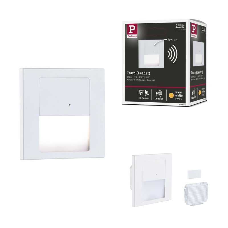 Paulmann Tsaro 80002 LED vstavané nástenné svietidlo, hranaté, 80x36 mm, 1W, 80 lm, 2700K teplá biela, matná biela, so snímačom pohybu, 230V