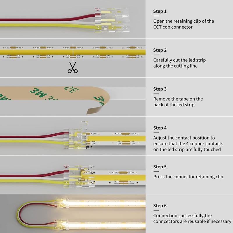 PAUTIX CCT COB LED Szalag Csatlakozó Készlet - 4-Tűs 10mm Széles LED Szalagokhoz, Átlátszó Illesztők és Hosszabbító Kábelek
