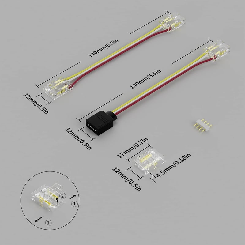 PAUTIX CCT COB LED Szalag Csatlakozó Készlet - 4-Tűs 10mm Széles LED Szalagokhoz, Átlátszó Illesztők és Hosszabbító Kábelek