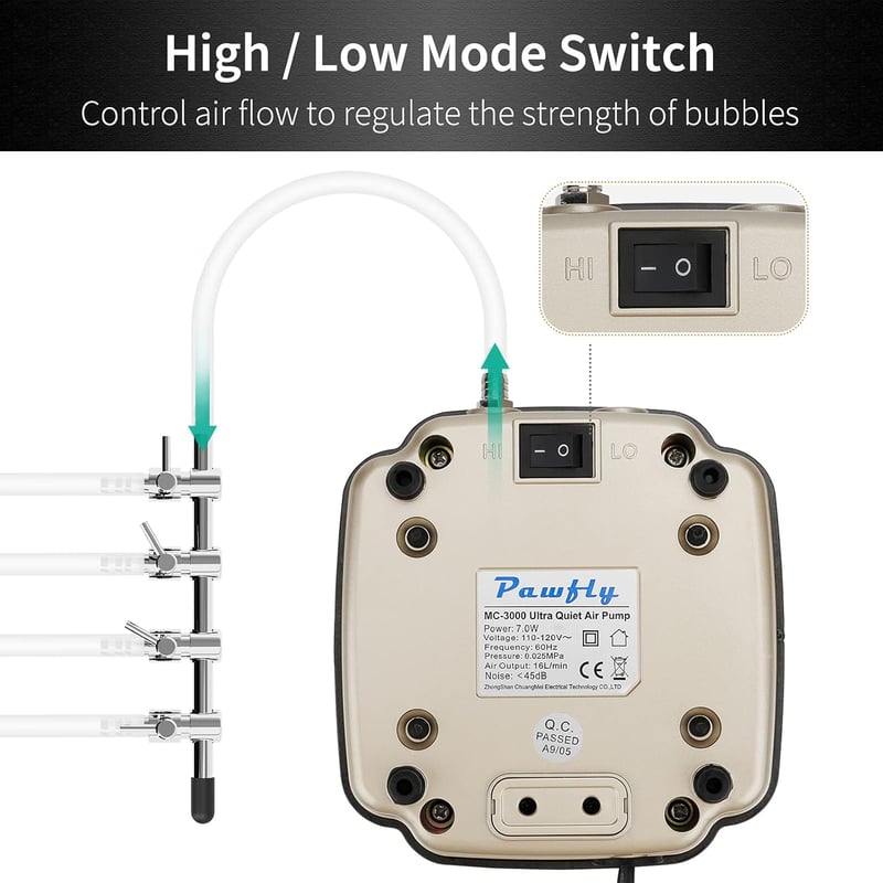 Pawfly 7W Akvárium Levegőpumpa Szabályozható Csendes Oxigén Pumpa 16L/perc Halastó Akvárium 1000L Komplett Szett