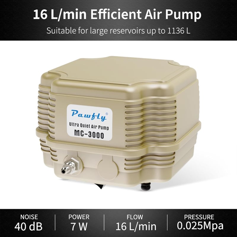 Pawfly 7W Akvárium Levegőpumpa Szabályozható Csendes Oxigén Pumpa 16L/perc Halastó Akvárium 1000L Komplett Szett