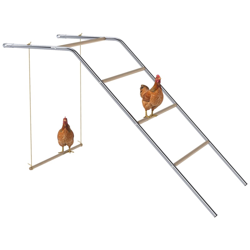 PawHut 4-poschodové bidlo pre sliepky z jedľového dreva a ocele, ihrisko pre hydinu s hojdačkou, 82 x 150 x 110 cm, strieborné a v prírodnom drevenom vyhotovení