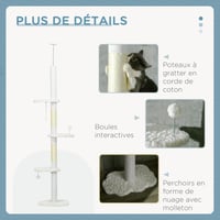 PawHut visinski podesiva mačja grebalica 225-255 cm, s 3 grebalice u obliku oblaka i 2 loptice, 48x32x225-255 cm, bijela 5