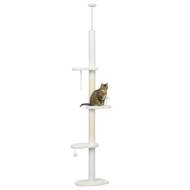 PawHut visinski podesiva mačja grebalica 225-255 cm, s 3 grebalice u obliku oblaka i 2 loptice, 48x32x225-255 cm, bijela