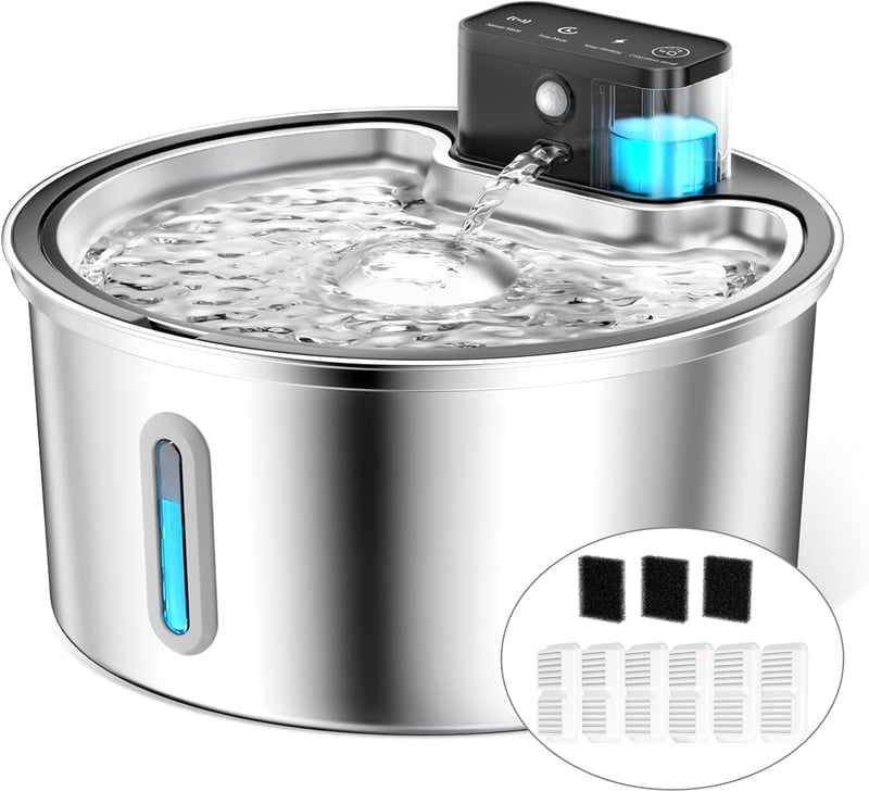 PawPoll Vezeték nélküli macska ivófontána mozgásérzékelővel, 3,2L rozsdamentes acél - Stainless Steel - 6 Filters + 3 Foam Filters