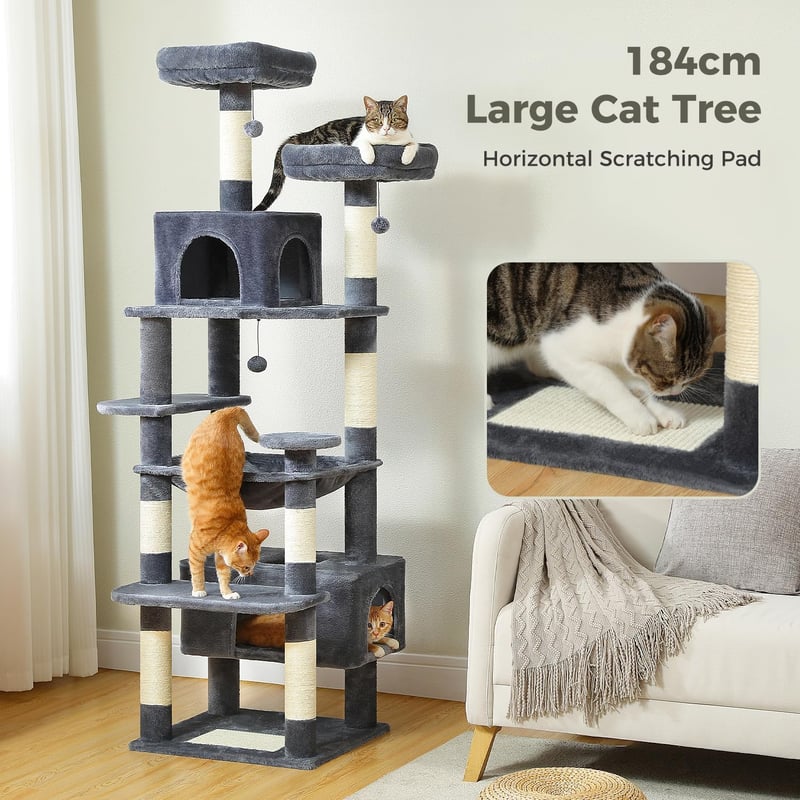 PAWZ Road 184 cm macskakaparófa hálóval, 7 szizál oszloppal, barlang és kosarral