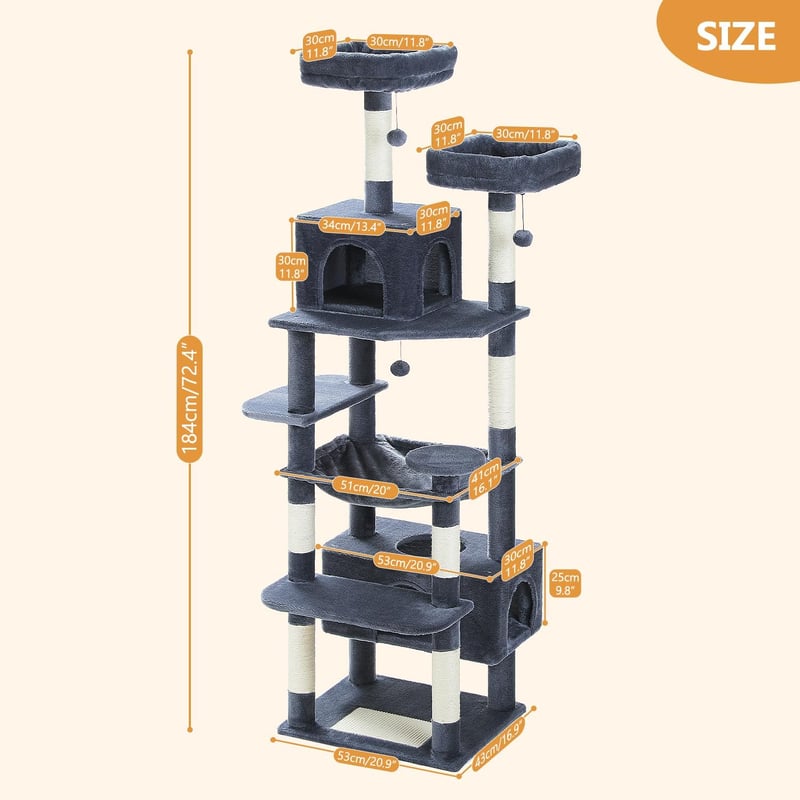 PAWZ Road 184 cm macskakaparófa hálóval, 7 szizál oszloppal, barlang és kosarral