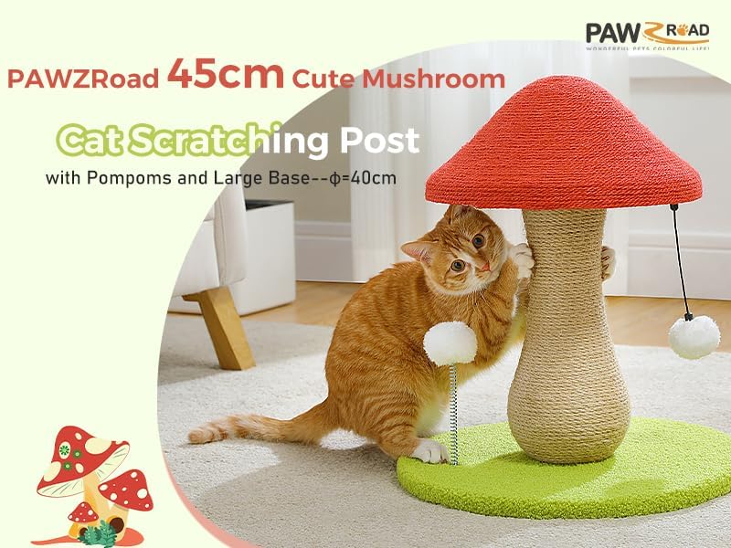 PAWZ Road Gomba Alakú Macska Kaparófa - 100% Szizál Borítású Kaparóoszlop Pomponokkal, Játékos Macskabútor Kisebb Fajtáknak, Piros