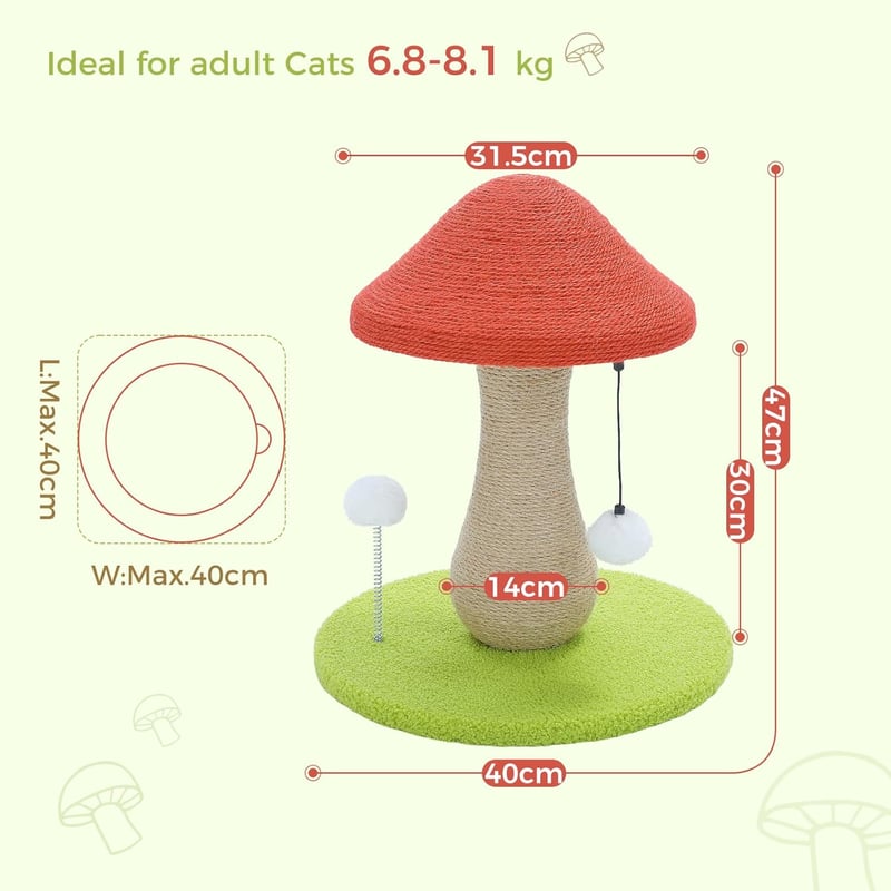 PAWZ Road Gomba Alakú Macska Kaparófa - 100% Szizál Borítású Kaparóoszlop Pomponokkal, Játékos Macskabútor Kisebb Fajtáknak, Piros