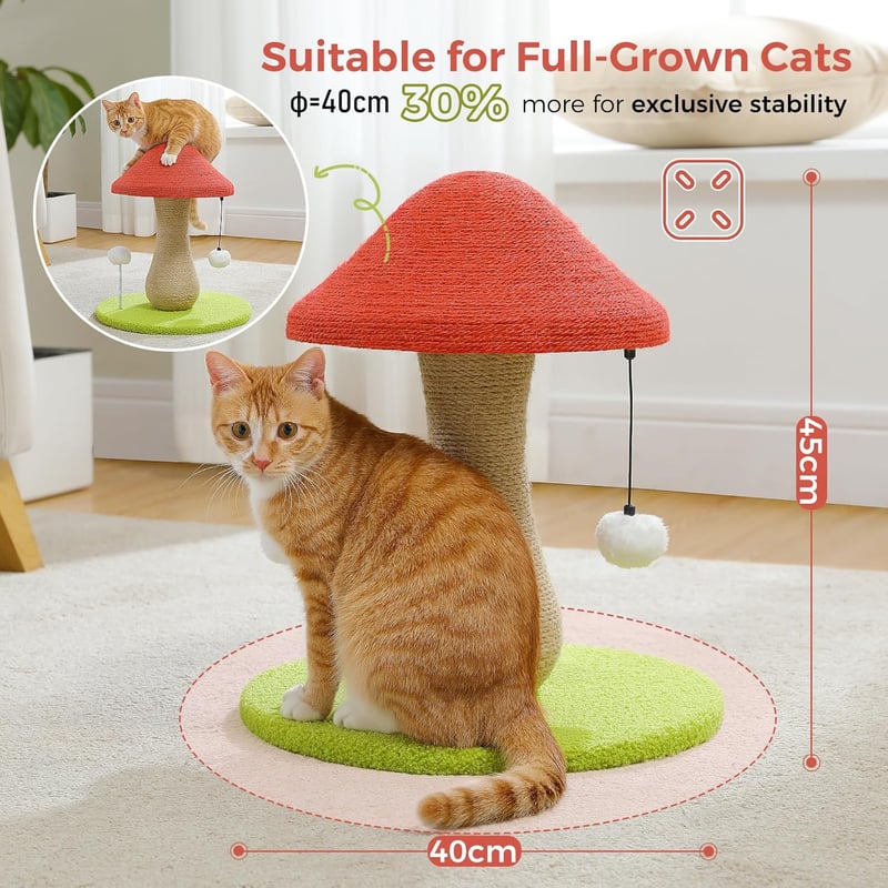 PAWZ Road Gomba Alakú Macska Kaparófa - 100% Szizál Borítású Kaparóoszlop Pomponokkal, Játékos Macskabútor Kisebb Fajtáknak, Piros