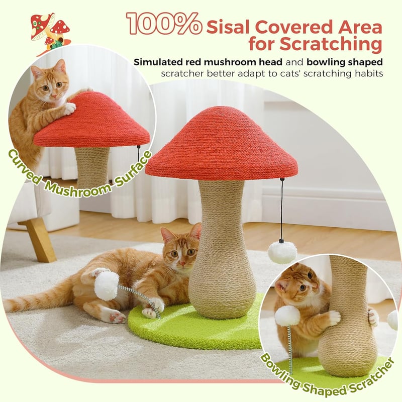 PAWZ Road Gomba Alakú Macska Kaparófa - 100% Szizál Borítású Kaparóoszlop Pomponokkal, Játékos Macskabútor Kisebb Fajtáknak, Piros