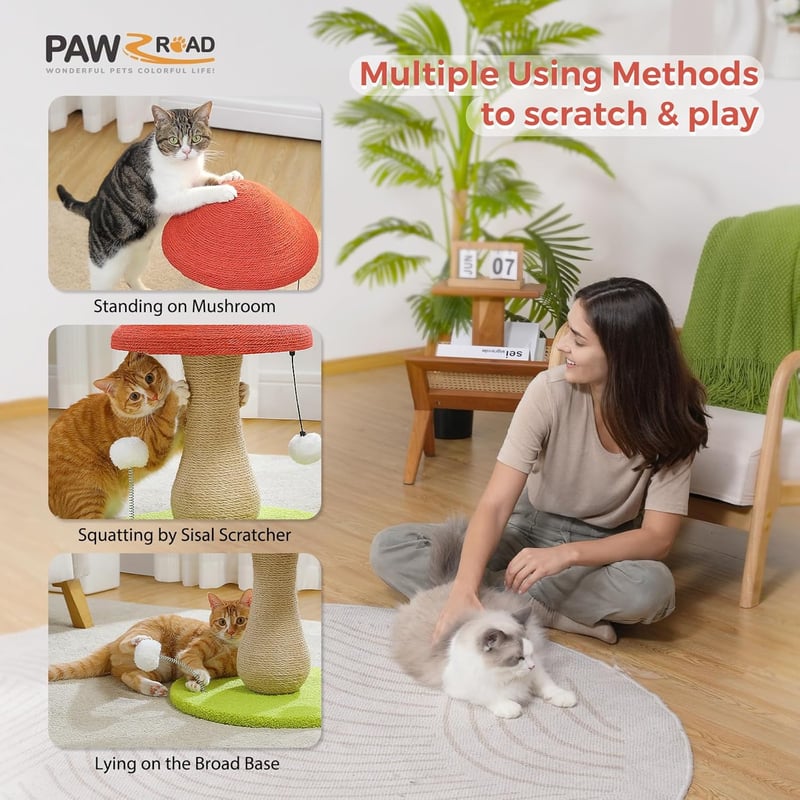 PAWZ Road Gomba Alakú Macska Kaparófa - 100% Szizál Borítású Kaparóoszlop Pomponokkal, Játékos Macskabútor Kisebb Fajtáknak, Piros