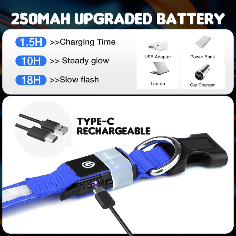 PcEoTllar USB-s LED kutya nyakörv 8 mód vízálló kék - S méret