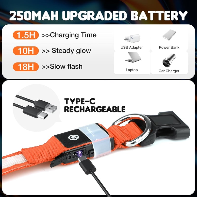 PcEoTllar USB-s LED kutyanyakörv 8 mód vízálló állítható narancssárga - L méret