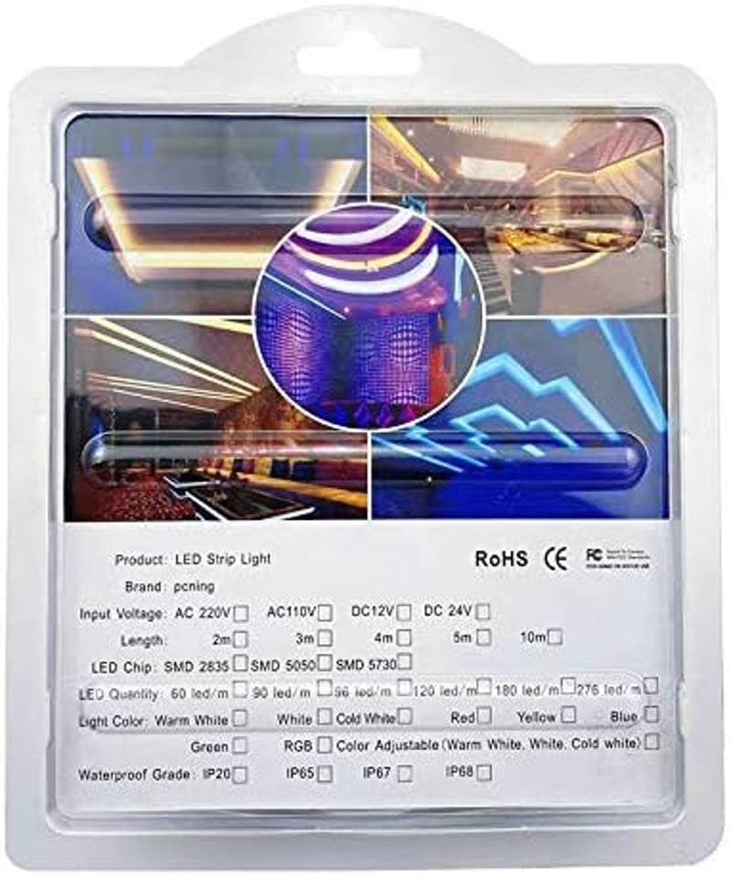 pcning 2m LED szalag AC 220V EU dugóval, IP67 vízálló kültéri meleg fehér
