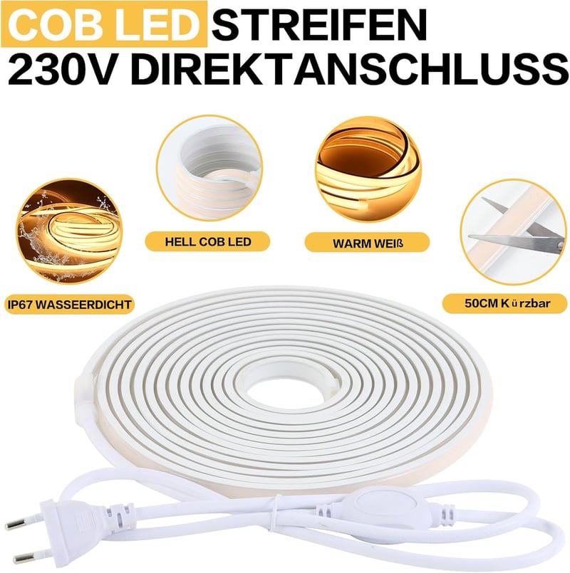 pcning COB LED szalag 230V 5m meleg fehér IP67 vízálló kültéri világítás