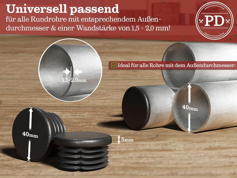 PD 40 mm-es kerek csőtömítő dugó PE műanyag 4 db fekete - Ø 40 mm, 4