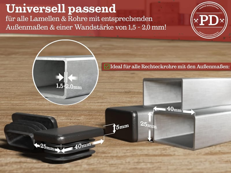 PD Lamellás Dugók 40x25mm Négyzet Csőhöz, PE Fekete Végzáró Sapka