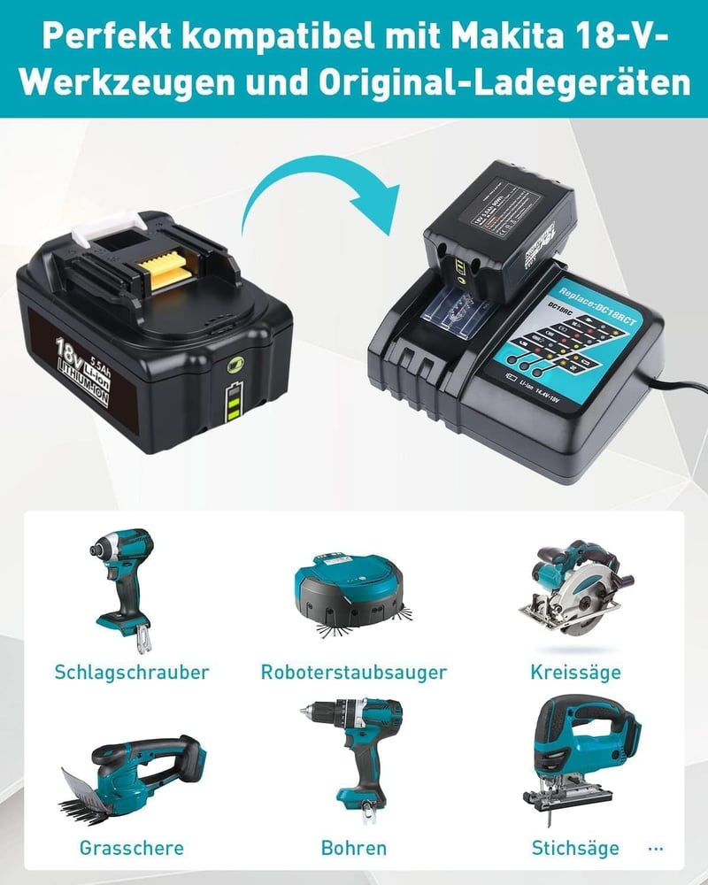 PDstation 2db BL1850B 5.5Ah Akkumulátor és Töltő Szett Makita 18V Szerszámokhoz - Kompatibilis BL1860 BL1850B BL1430B Modellekkel