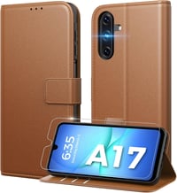 Peakally Samsung Galaxy A17 5G/4G flipes műbőr tok kártyatartóval és edzett üveggel - barna 1
