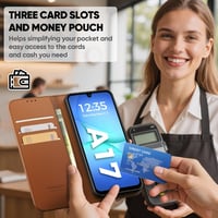 Peakally Samsung Galaxy A17 5G/4G flipes műbőr tok kártyatartóval és edzett üveggel - barna 3