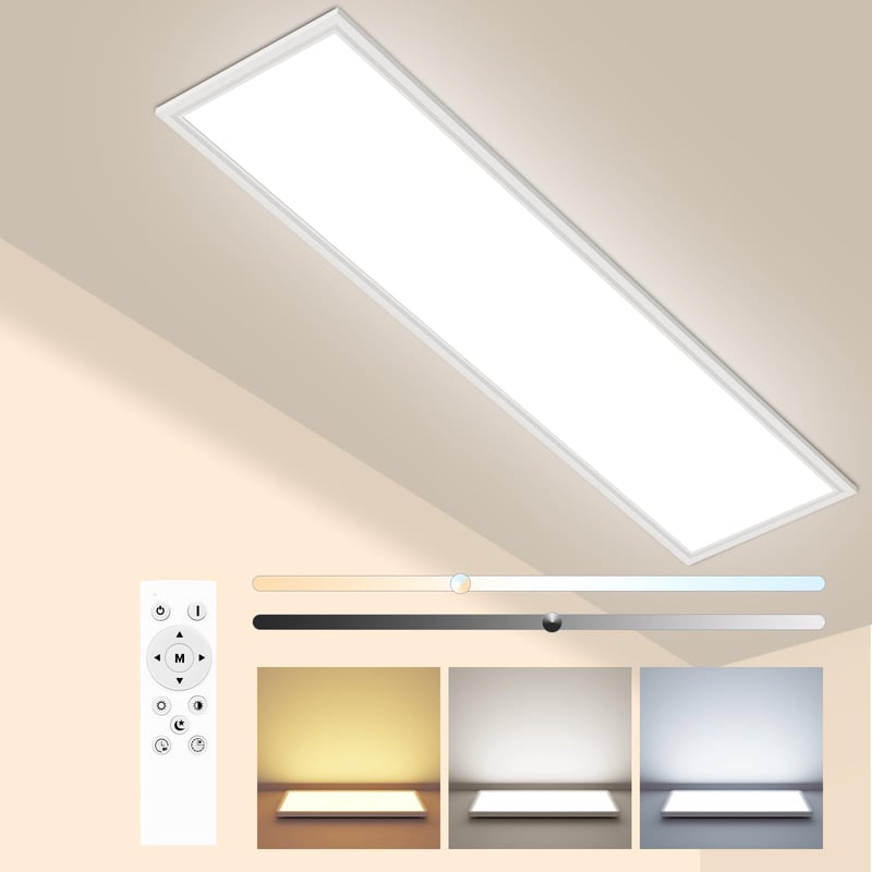 Plafonieră LED Peasur, plată, 120x30 cm, 4100 lm, reglabilă, cu telecomandă, 3000K-6500K, IP44, pentru bucătărie, sufragerie, dormitor, baie, birou, dreptunghiulară
