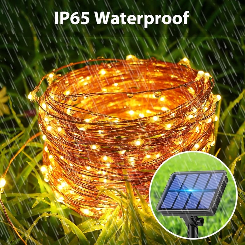 Peasur Napelemes LED Fényfüzér 13m 130 LED Kültéri Vízálló IP65 Meleg Fehér 8 Üzemmód Erkély Kert Dekoráció