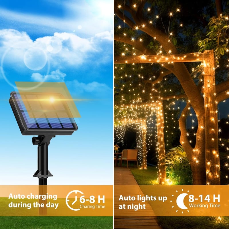 Peasur Napelemes LED Fényfüzér 13m 130 LED Kültéri Vízálló IP65 Meleg Fehér 8 Üzemmód Erkély Kert Dekoráció